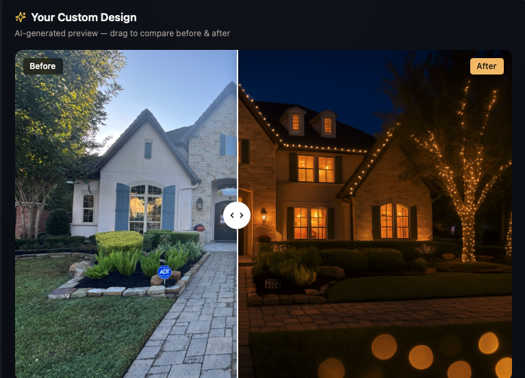 AI Light Designer preview showing before and after Christmas light designs on a Woodlands home