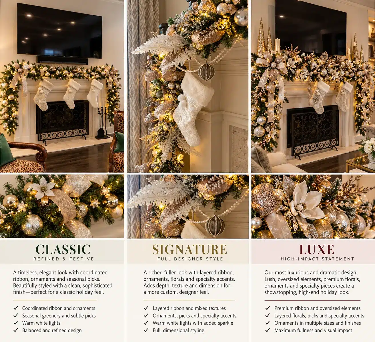 Residential Holiday Decorating Houston 4 Classic, Signature and Luxe Christmas mantel garland styles shown side by side