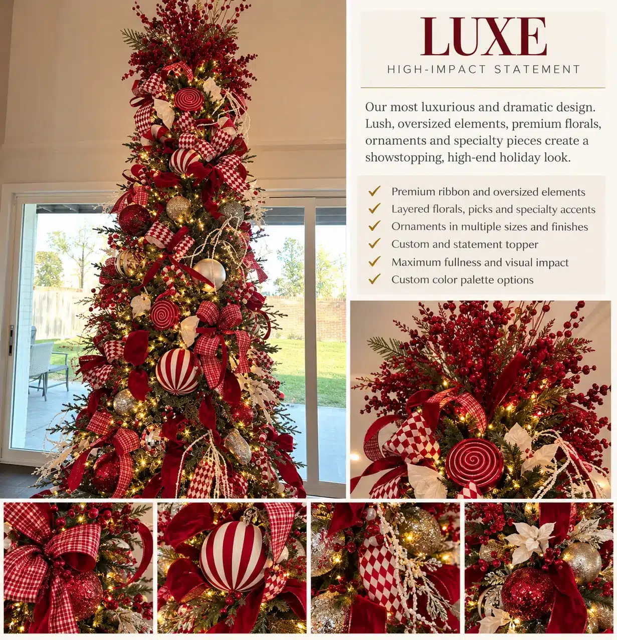 Residential Holiday Decorating Houston 2 Luxe style red and white candy cane Christmas tree with velvet ribbon, oversized ornaments and a berry topper