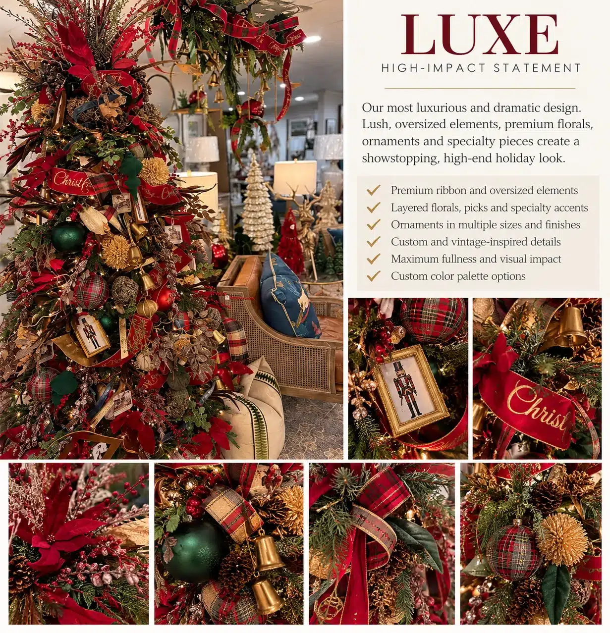 Residential Holiday Decorating Houston 7 Luxe style Christmas tree in red and gold plaid with vintage-inspired ornaments, bells and poinsettias