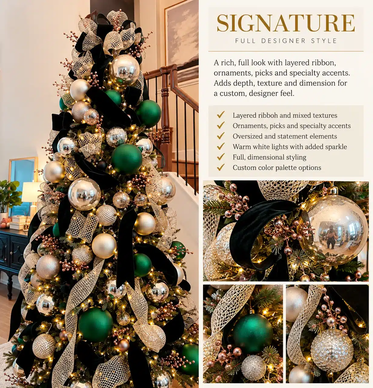 Residential Holiday Decorating Houston 5 Signature style Christmas tree with emerald and champagne ornaments and black velvet ribbon beside a staircase