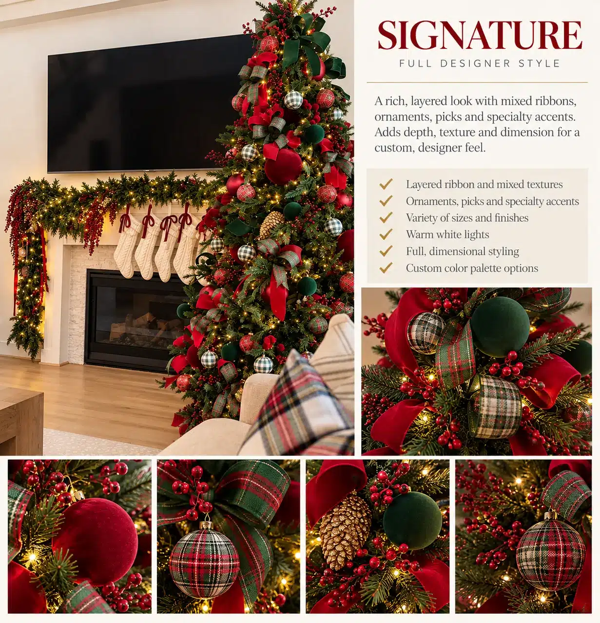 Residential Holiday Decorating Houston 6 Signature style Christmas tree with tartan ribbon and velvet ornaments next to a decorated mantel with stockings